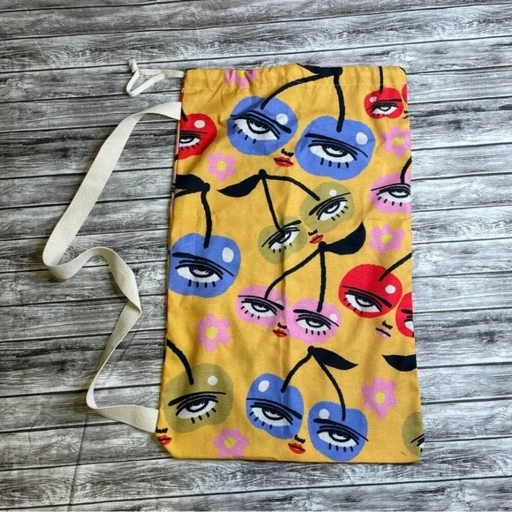 Canvas Laundry Bag Pop Art Eyes Cherries Drawstring Storage Tote Unisex